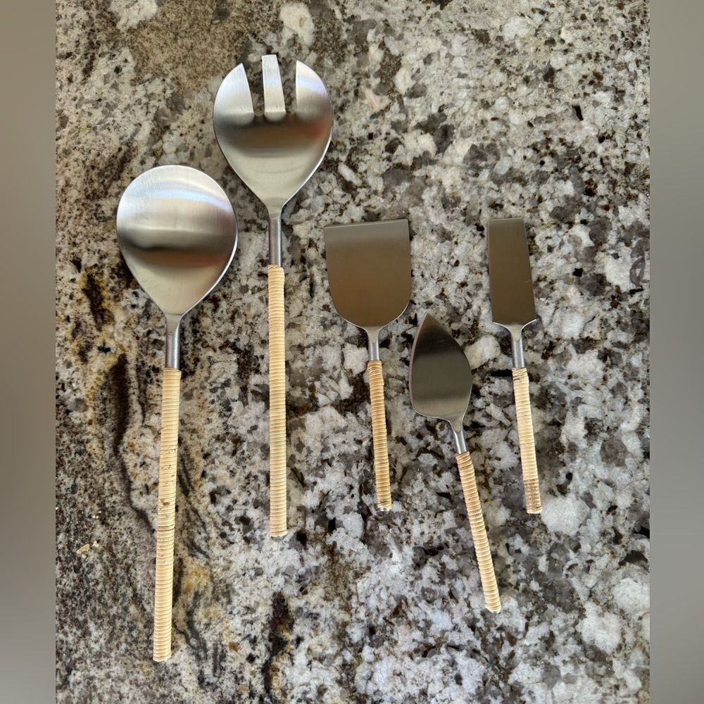 Salad Servers 2-Piece Matte Steel Rattan matching rattan cheese serving set.